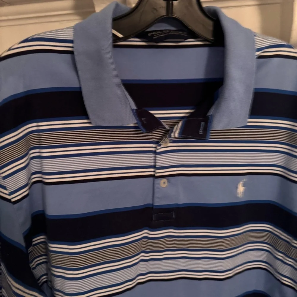 RALPH LAUREN POLO GOLF Mens Polo Shirt Blue, White, gray Stripe Sz L